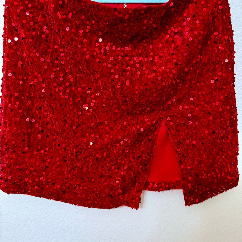 Amazing Lace Red Sequin Mini Skirt with High Front Slit Size M, Clubwear, Y2K